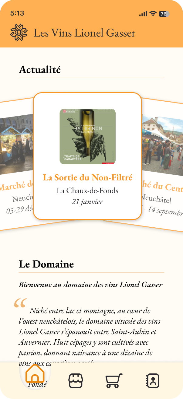 Home screen of the Les Vins Lionel Gasser app