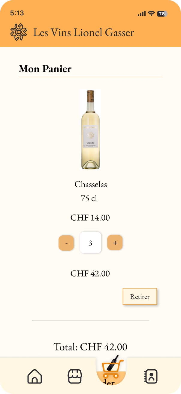 Cart screen of the Les Vins Lionel Gasser app