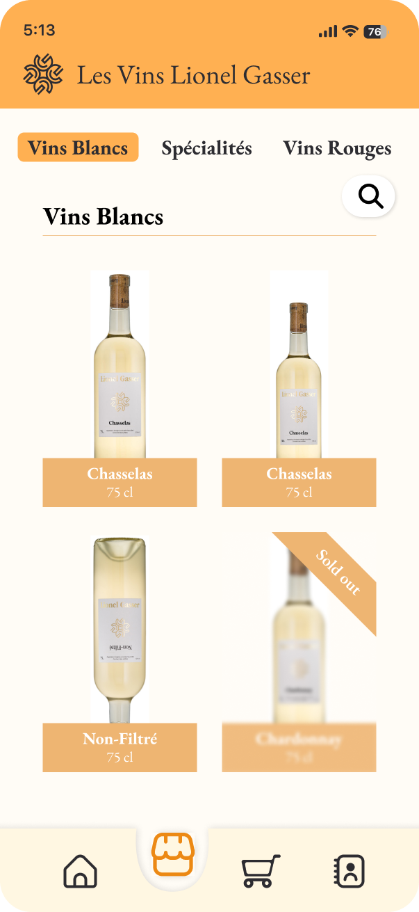 E-shop screen of the Les Vins Lionel Gasser app