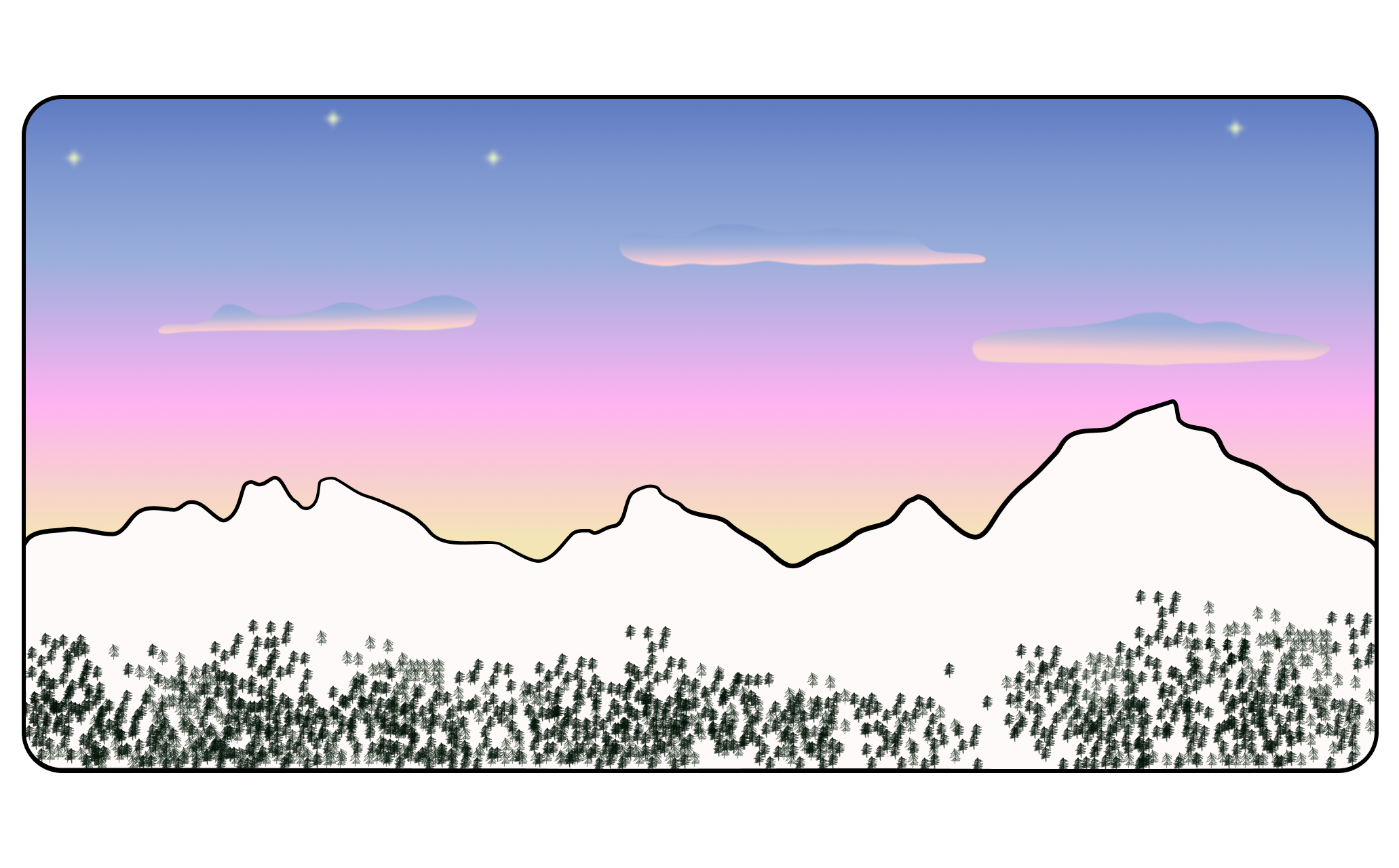 Drawing of a pink sunset on the mountain chains