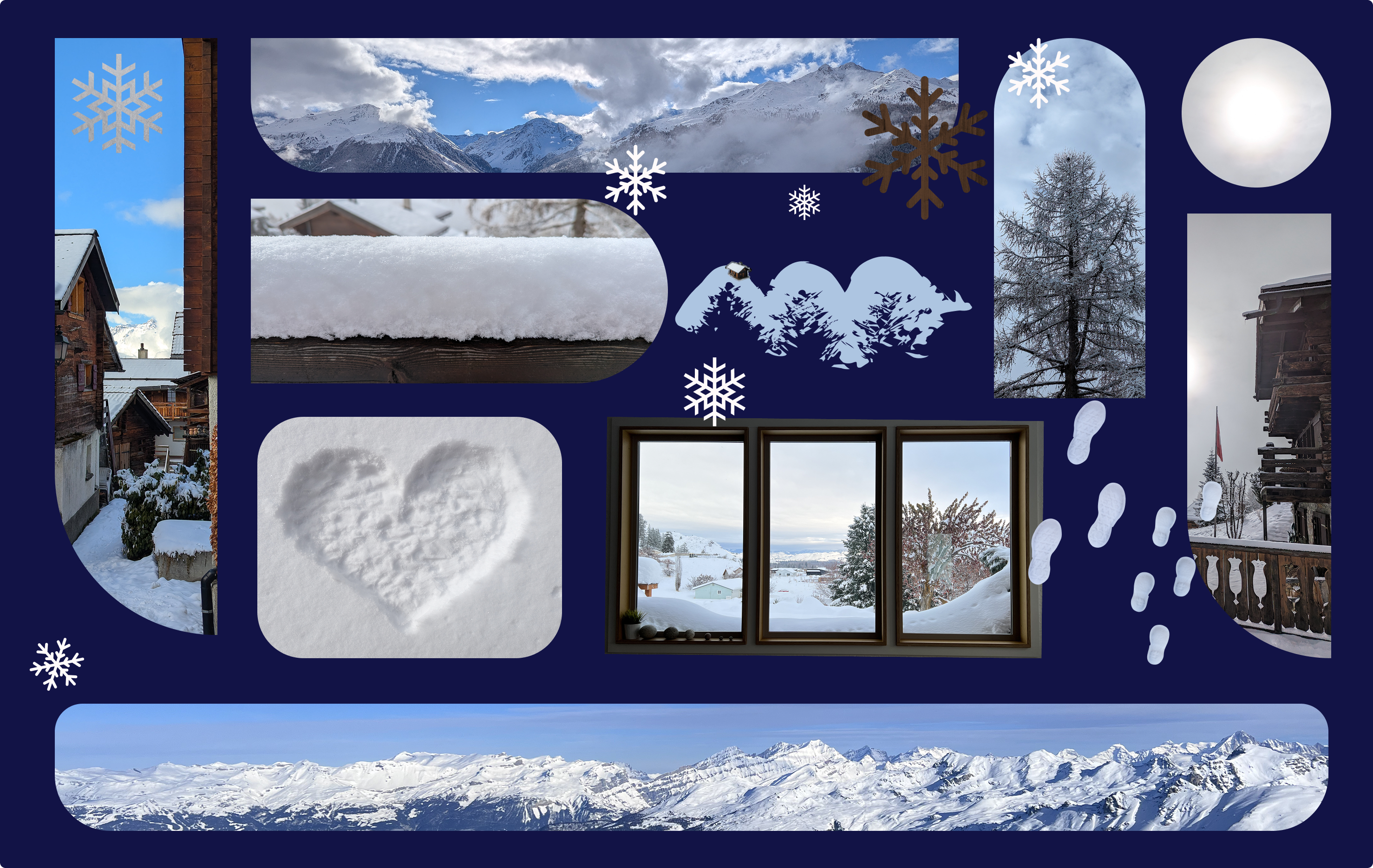Panel of pictures of snowy mountains, chalet and landscapes