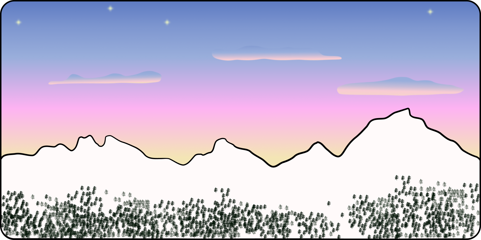 Drawing of a pink sunset on the mountain chains